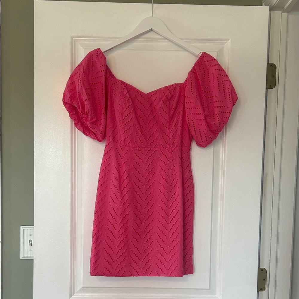 Hot Pink Puff-Sleeve Eyelet Mini Dress